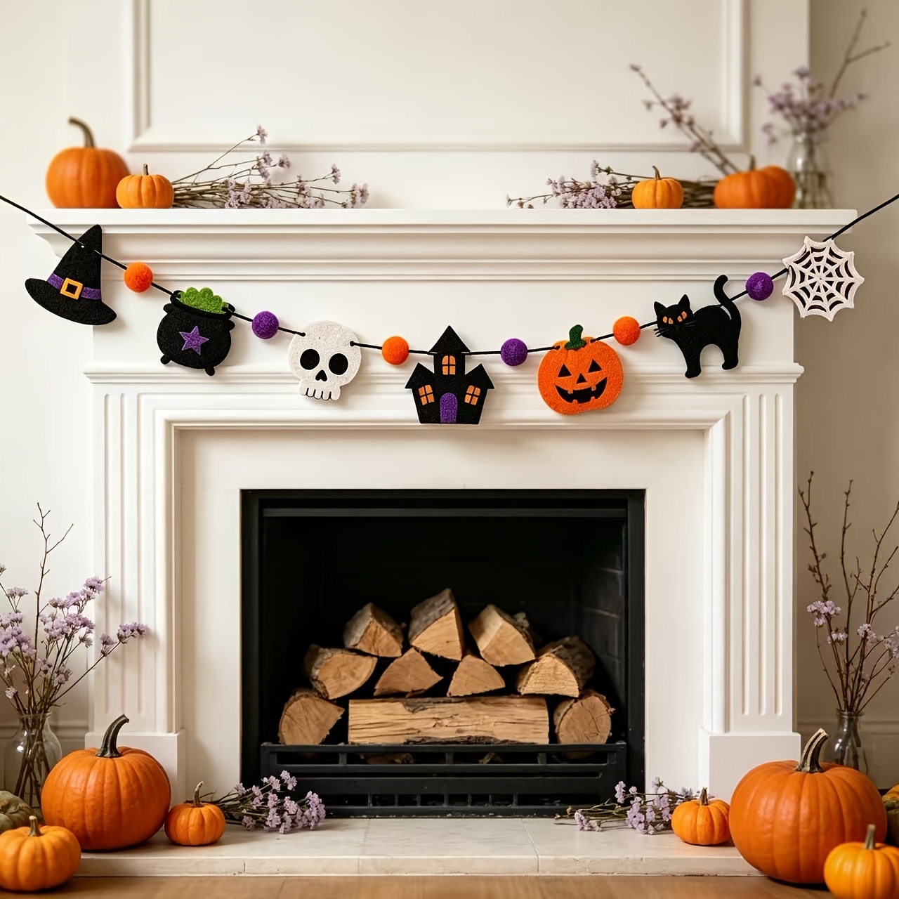 Outdoor Lighting Halloween - Halloween Felt Garland Skull Black Cat